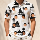 Model wearing Men's Thatched Timewarp Custom Face Polo Shirt printed with kids' faces