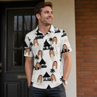Real-life photo of someone wearing Men's Thatched Timewarp Custom Face Polo Shirt — custom faces printed all-over