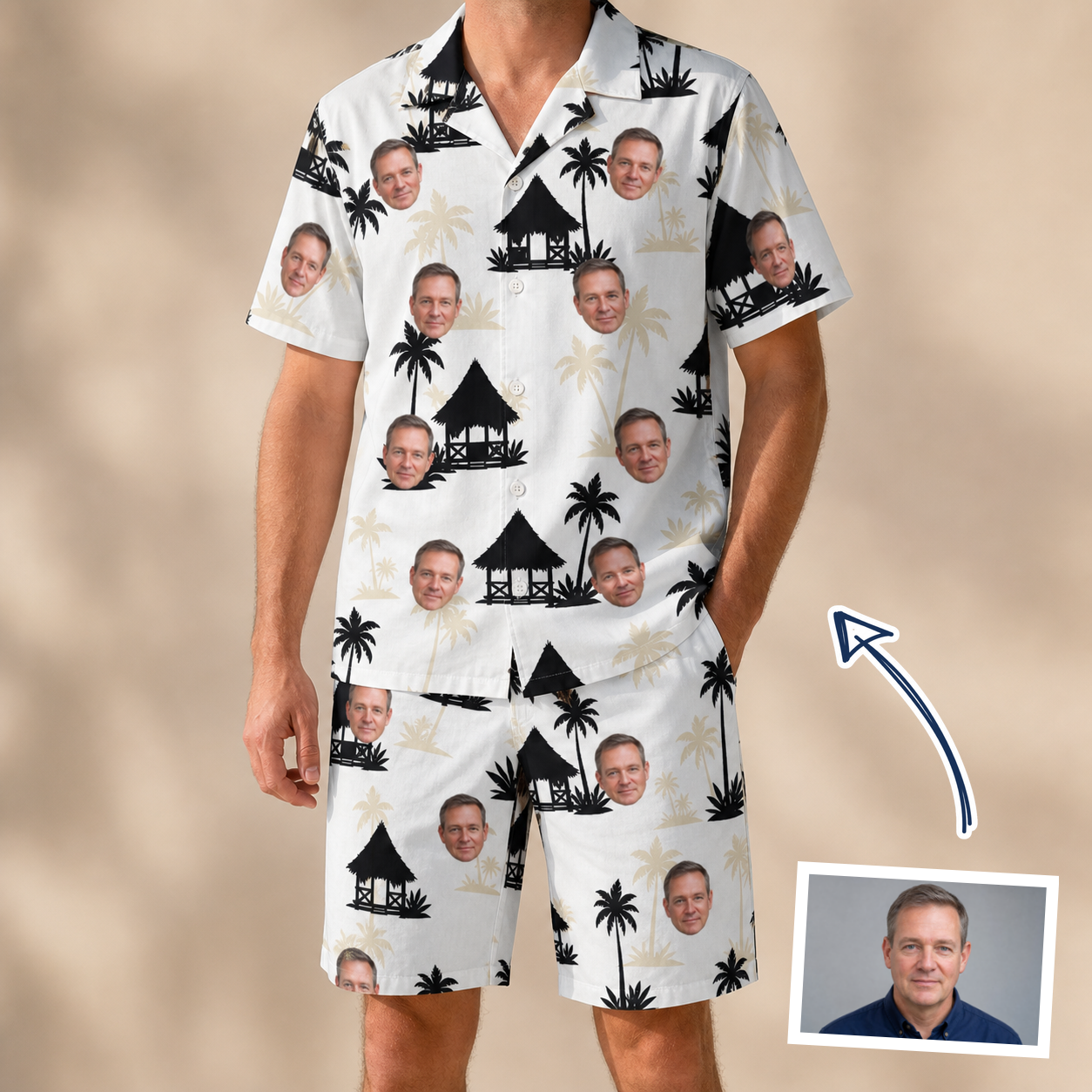 Man wearing Men's Thatched Timewarp Custom Face Shirt & Shorts Set — custom faces printed all-over