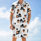 Model wearing Men's Thatched Timewarp Custom Face Shirt & Shorts Set printed with kids' faces