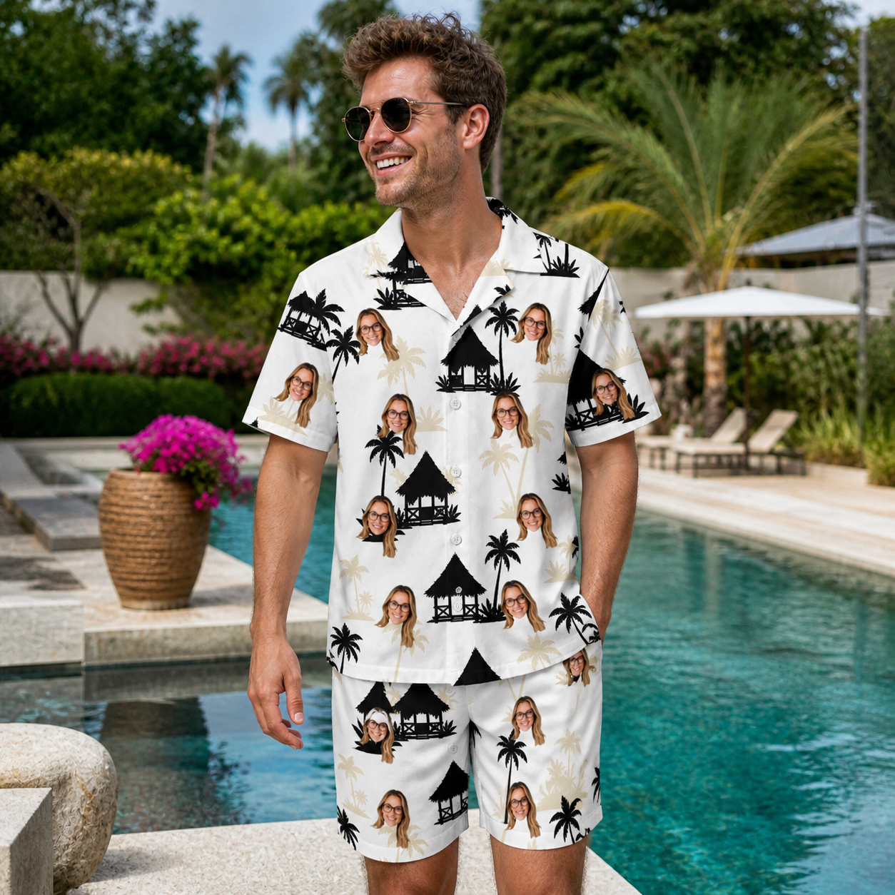 Real-life photo of someone wearing Men's Thatched Timewarp Custom Face Shirt & Shorts Set — custom faces printed all-over