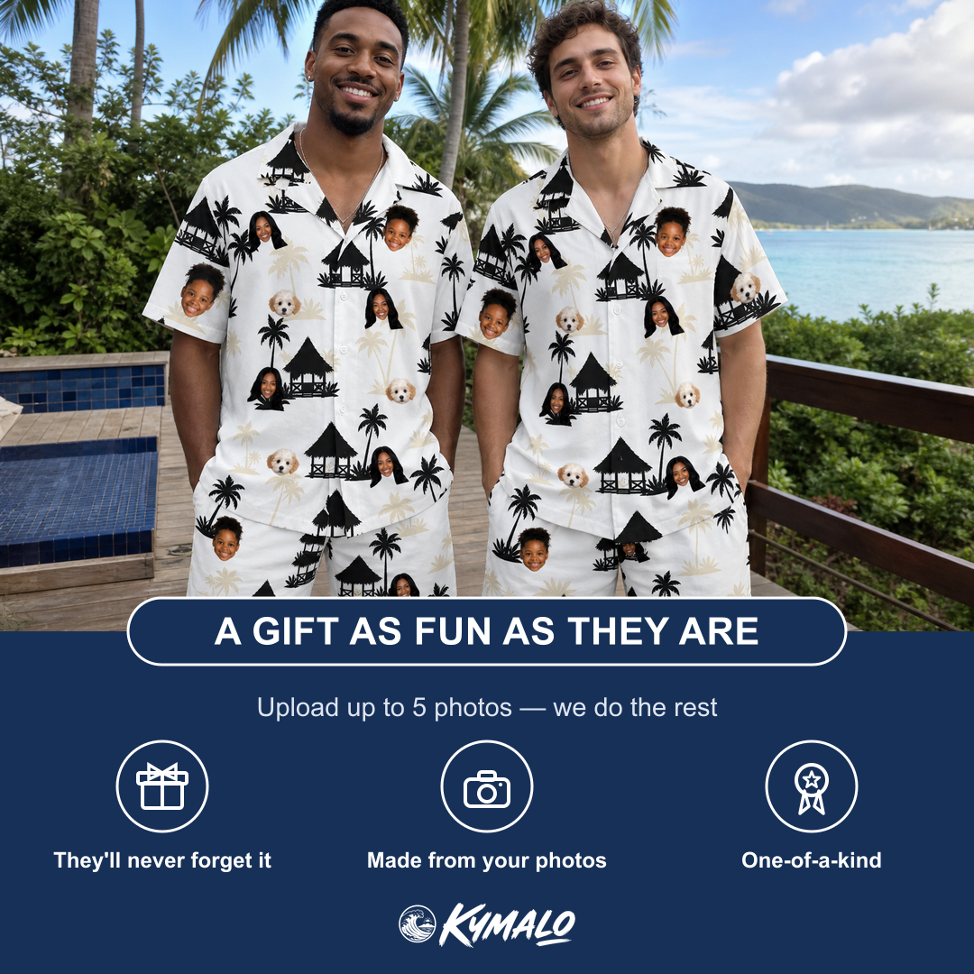 Friends in matching Men's Thatched Timewarp Custom Face Shirt & Shorts Set — a group gift photo