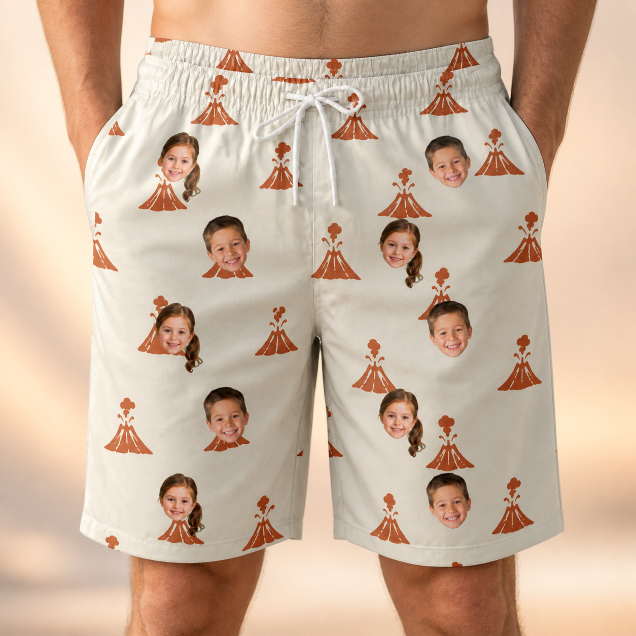 Model wearing Men's Magma Mambo Custom Face Beach Shorts printed with kids' faces