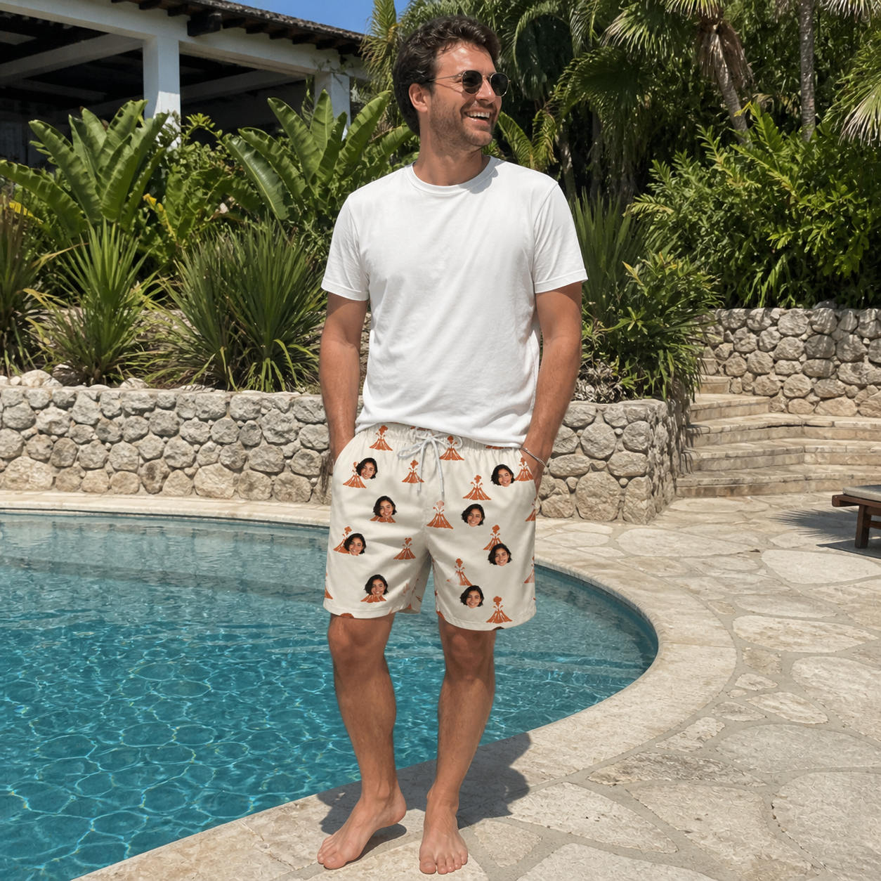 Real-life photo of someone wearing Men's Magma Mambo Custom Face Beach Shorts — custom faces printed all-over