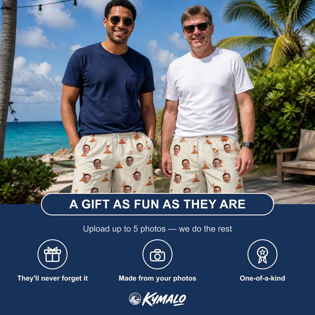 Friends in matching Men's Magma Mambo Custom Face Beach Shorts — a group gift photo
