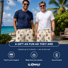 Friends in matching Men's Magma Mambo Custom Face Beach Shorts — a group gift photo