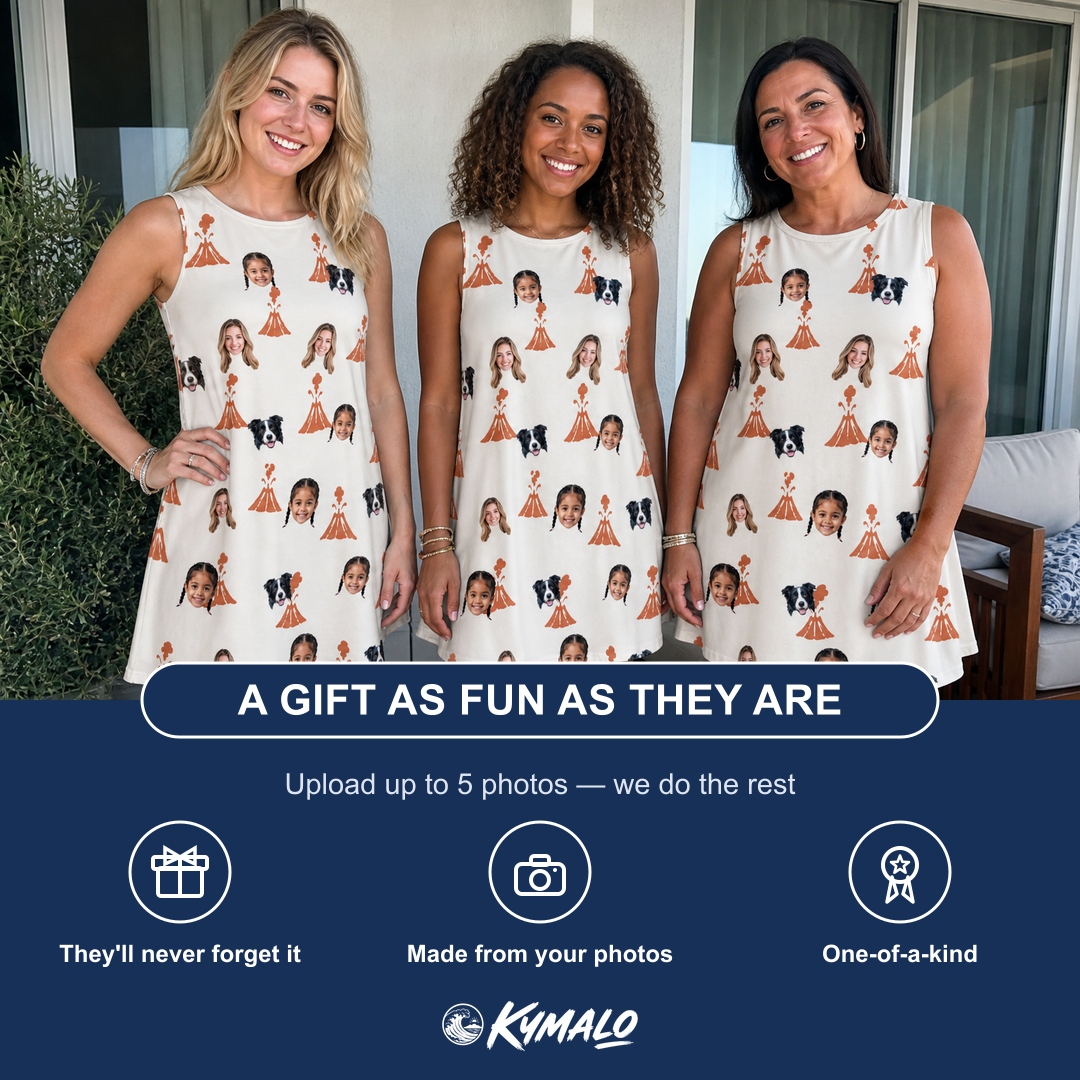 Friends in matching Women's Magma Mambo Custom Face Tank Dress — a group gift photo
