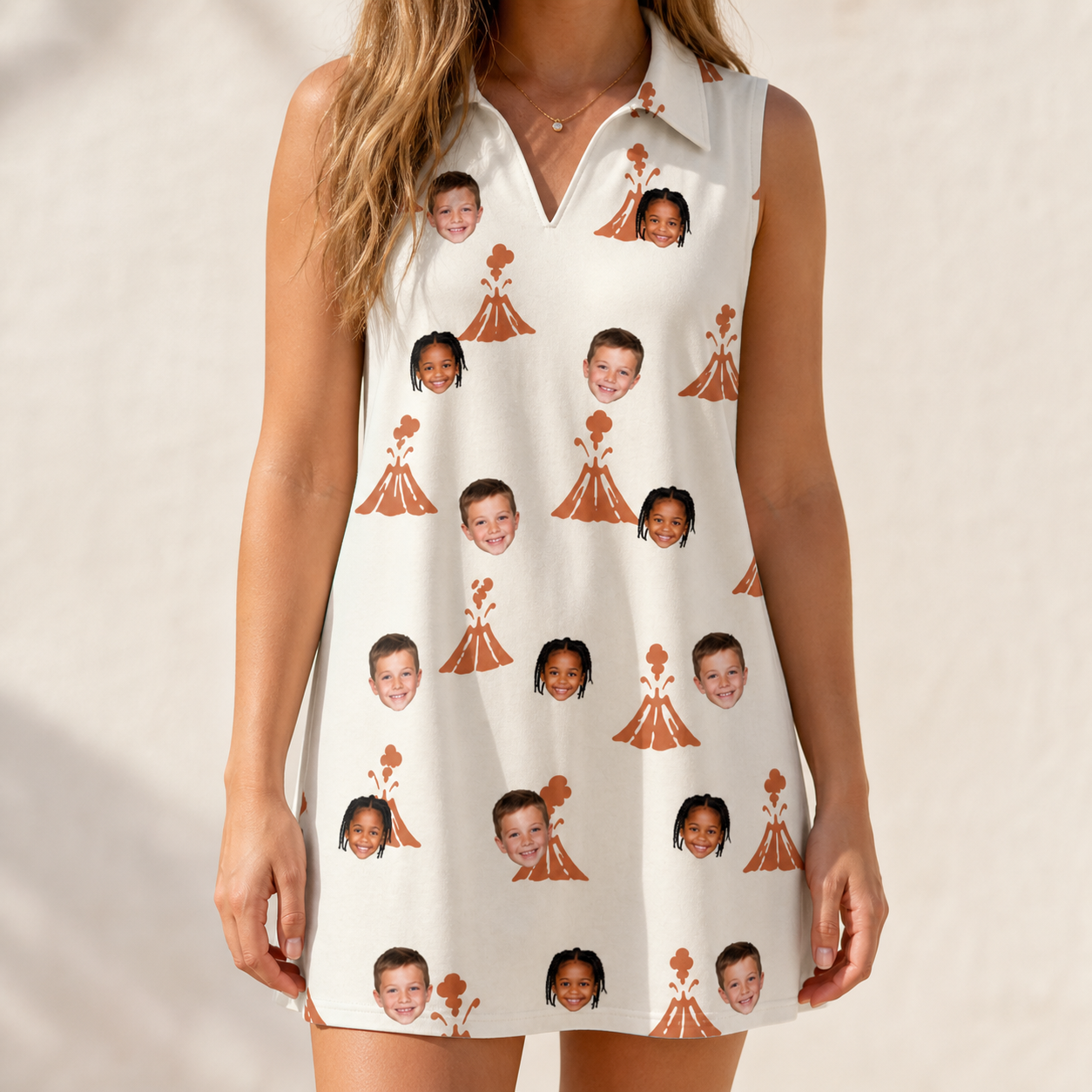 Model wearing Women's Magma Mambo Custom Face V-Neck Dress printed with kids' faces