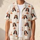 Man wearing Men's Magma Mambo Custom Face Hawaiian Shirt open over a white tee