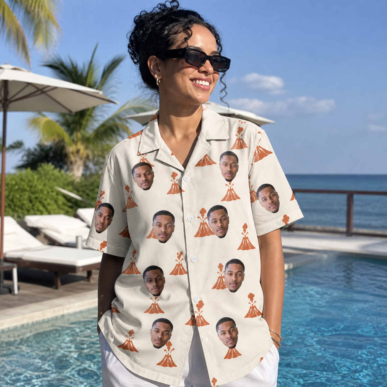 Real-life photo of someone wearing Women's Magma Mambo Custom Face Hawaiian Shirt — custom faces printed all-over