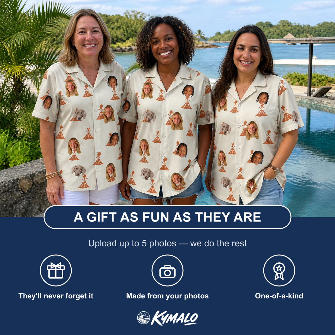 Friends in matching Women's Magma Mambo Custom Face Hawaiian Shirt — a group gift photo