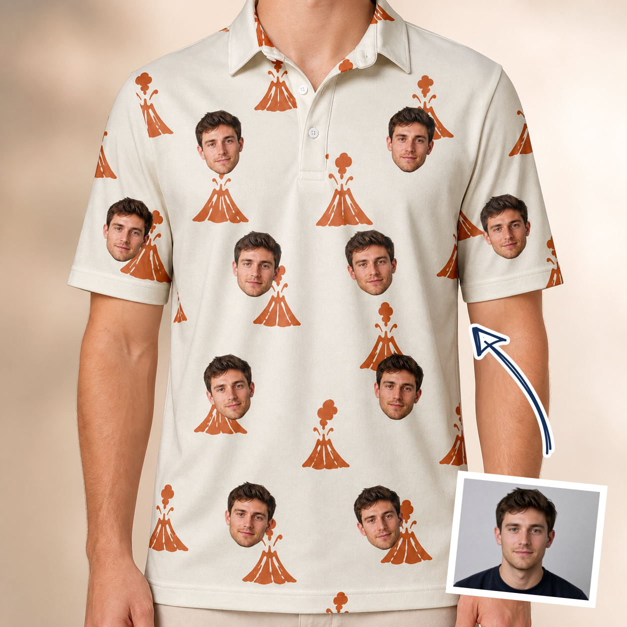Man wearing Men's Magma Mambo Custom Face Polo Shirt — custom faces printed all-over