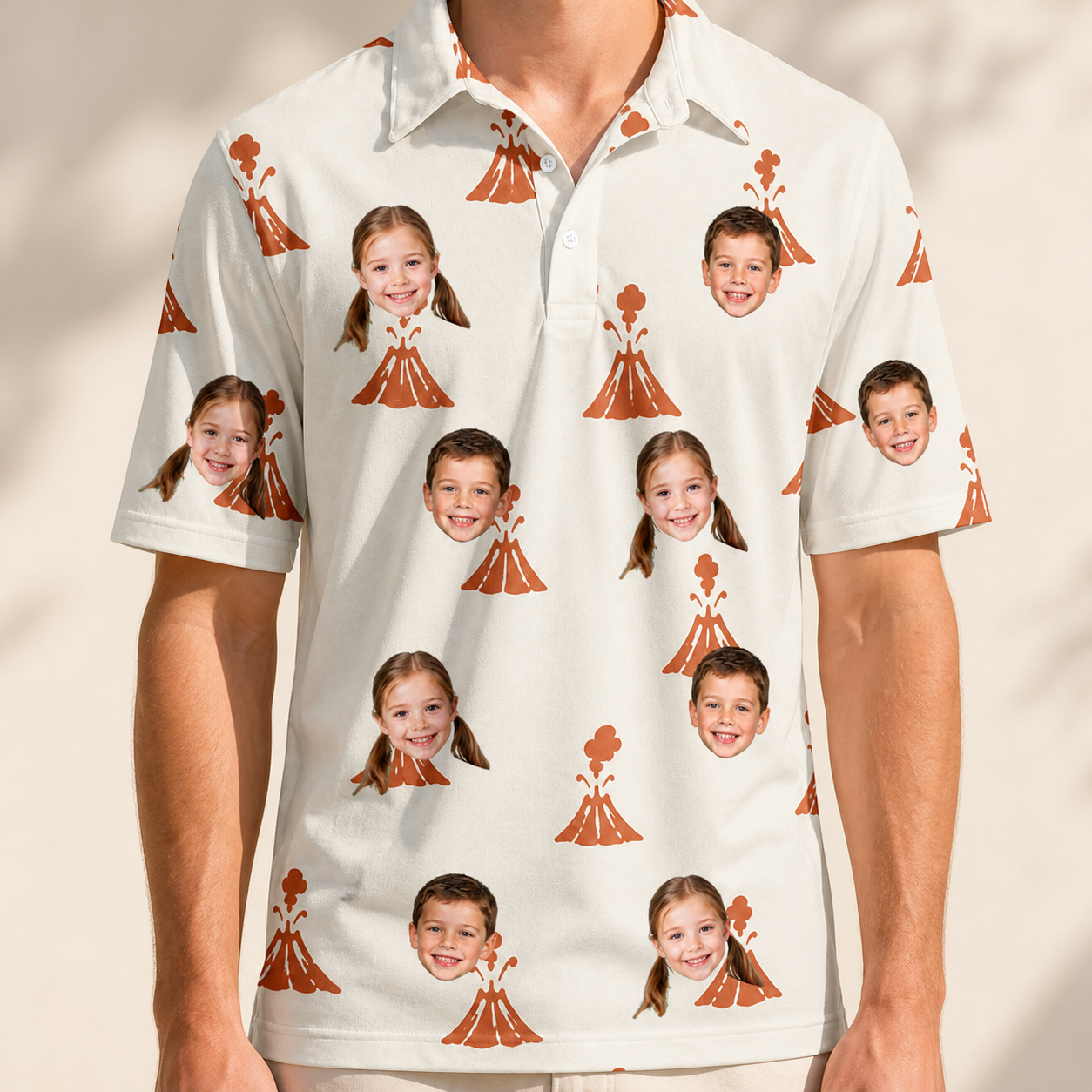 Model wearing Men's Magma Mambo Custom Face Polo Shirt printed with kids' faces