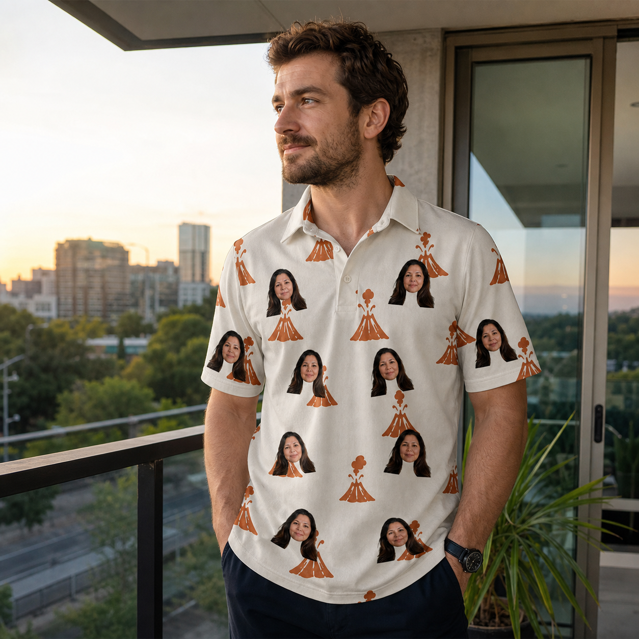 Real-life photo of someone wearing Men's Magma Mambo Custom Face Polo Shirt — custom faces printed all-over