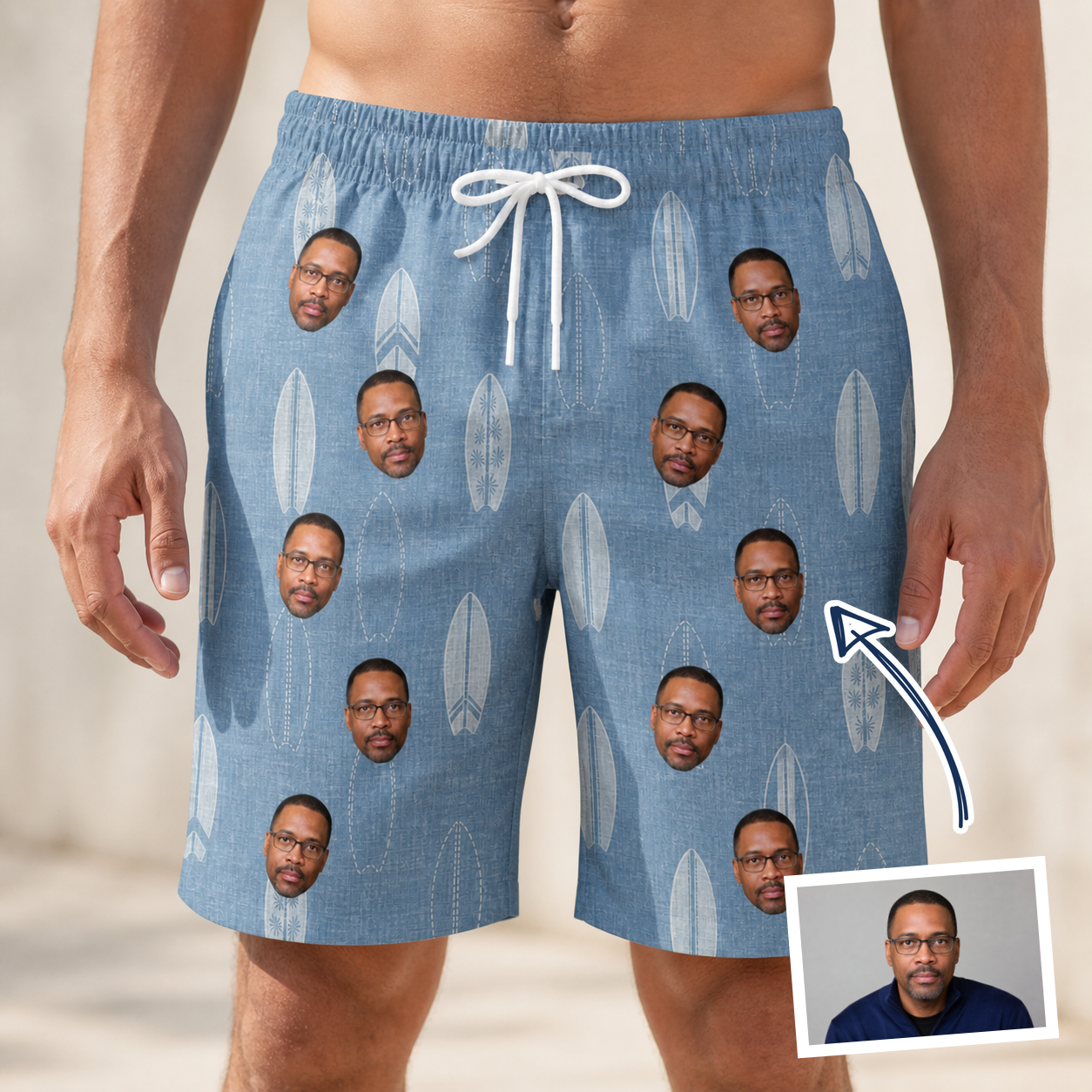 Man wearing Men's Retro Riptide Custom Face Beach Shorts — custom faces printed all-over