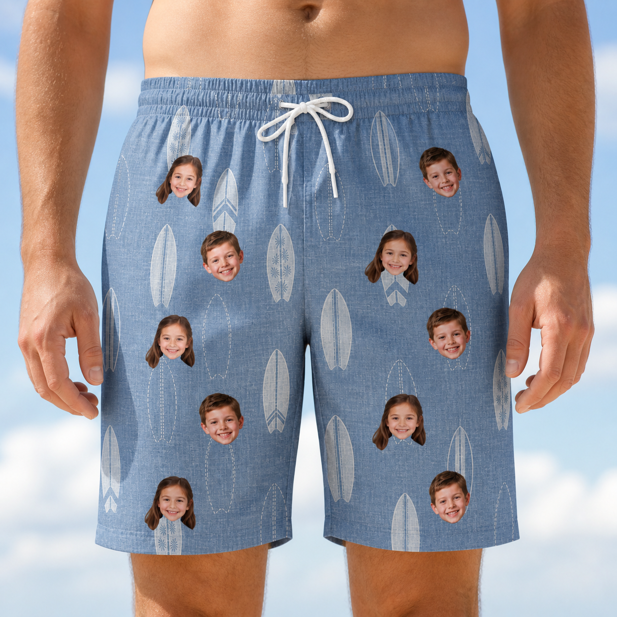 Model wearing Men's Retro Riptide Custom Face Beach Shorts printed with kids' faces