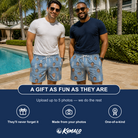 Friends in matching Men's Retro Riptide Custom Face Beach Shorts — a group gift photo