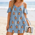 Woman wearing Women's Retro Riptide Custom Face Off-Shoulder Dress — custom faces printed all-over