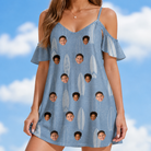 Model wearing Women's Retro Riptide Custom Face Off-Shoulder Dress printed with kids' faces