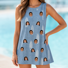 Model wearing Women's Retro Riptide Custom Face Tank Dress printed with kids' faces