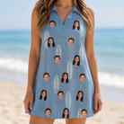Model wearing Women's Retro Riptide Custom Face V-Neck Dress printed with kids' faces