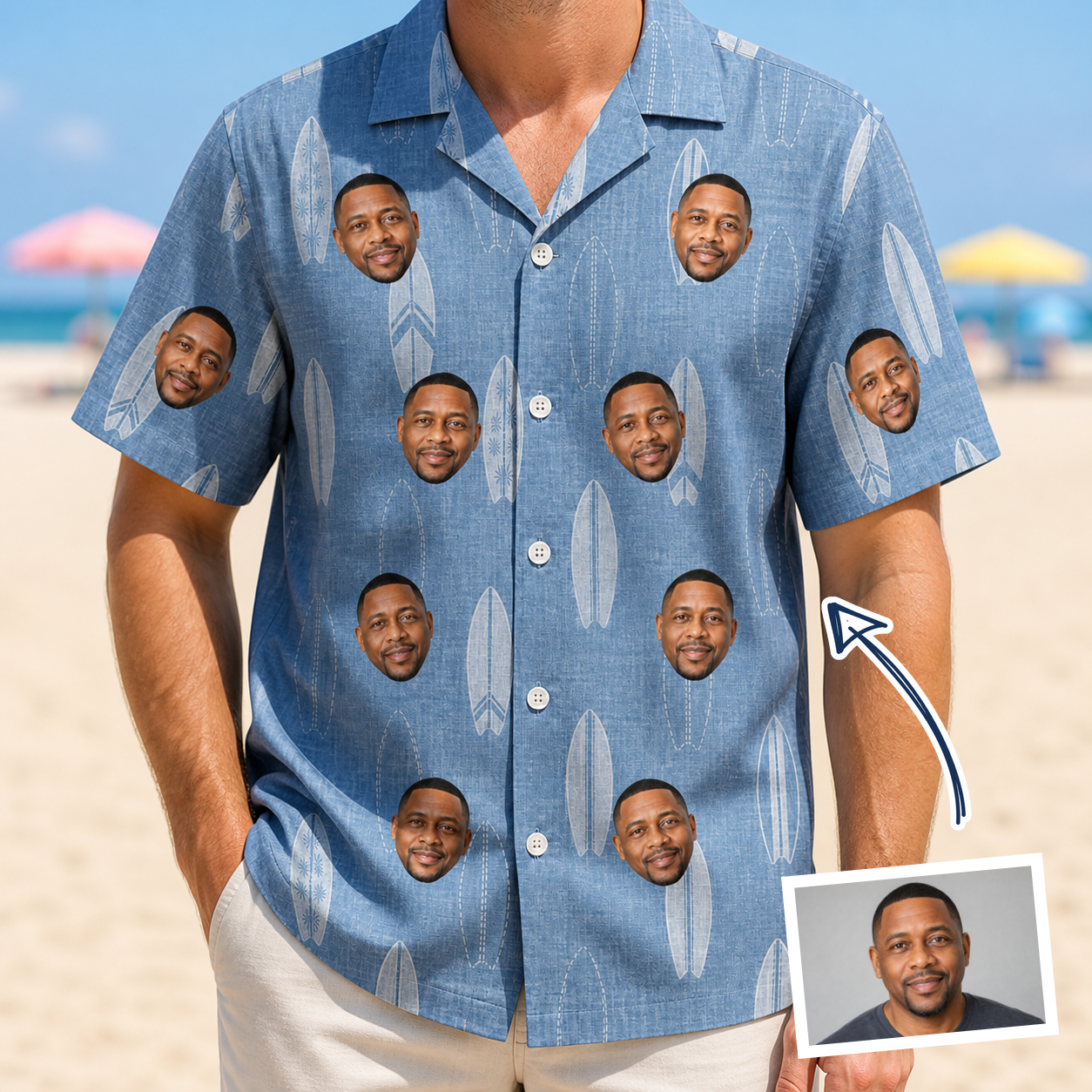 Man wearing Men's Retro Riptide Custom Face Hawaiian Shirt — custom faces printed all-over