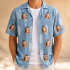 Man wearing Men's Retro Riptide Custom Face Hawaiian Shirt open over a white tee