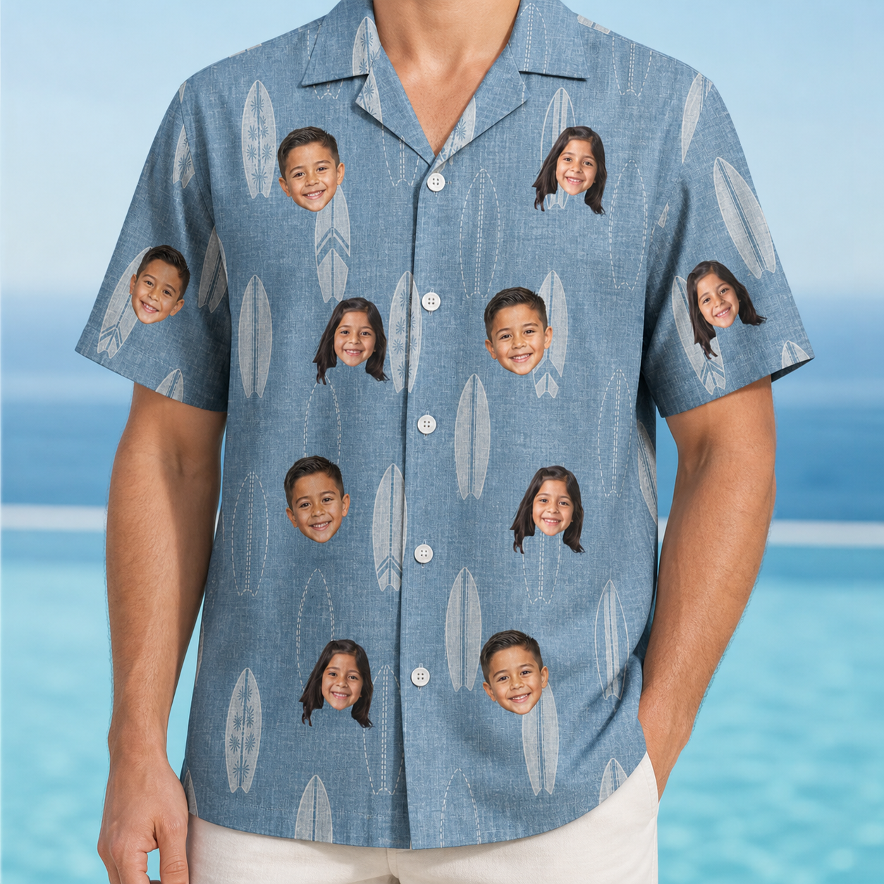 Model wearing Men's Retro Riptide Custom Face Hawaiian Shirt printed with kids' faces