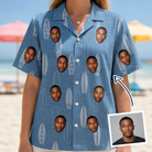 Woman wearing Women's Retro Riptide Custom Face Hawaiian Shirt — custom faces printed all-over