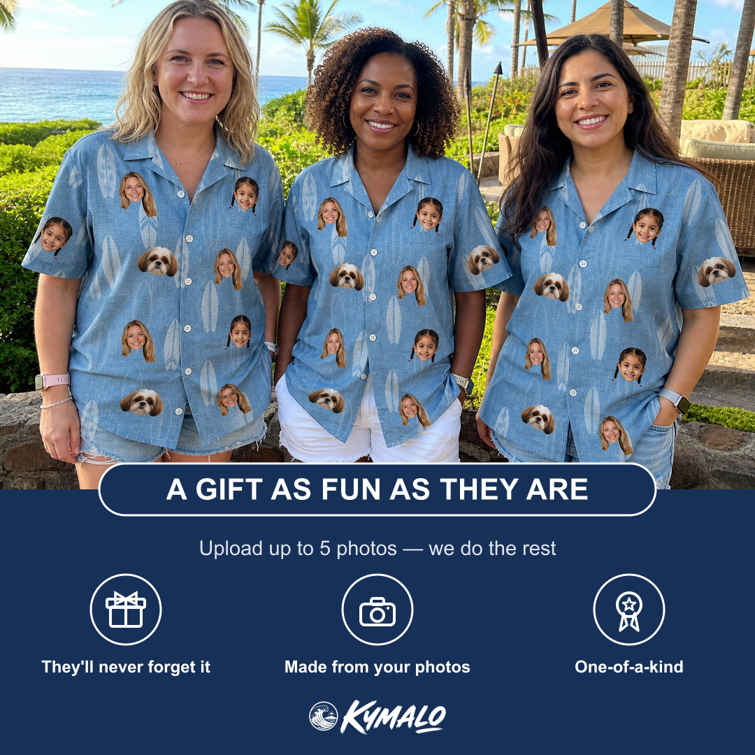Friends in matching Women's Retro Riptide Custom Face Hawaiian Shirt — a group gift photo