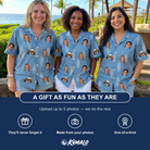 Friends in matching Women's Retro Riptide Custom Face Hawaiian Shirt — a group gift photo