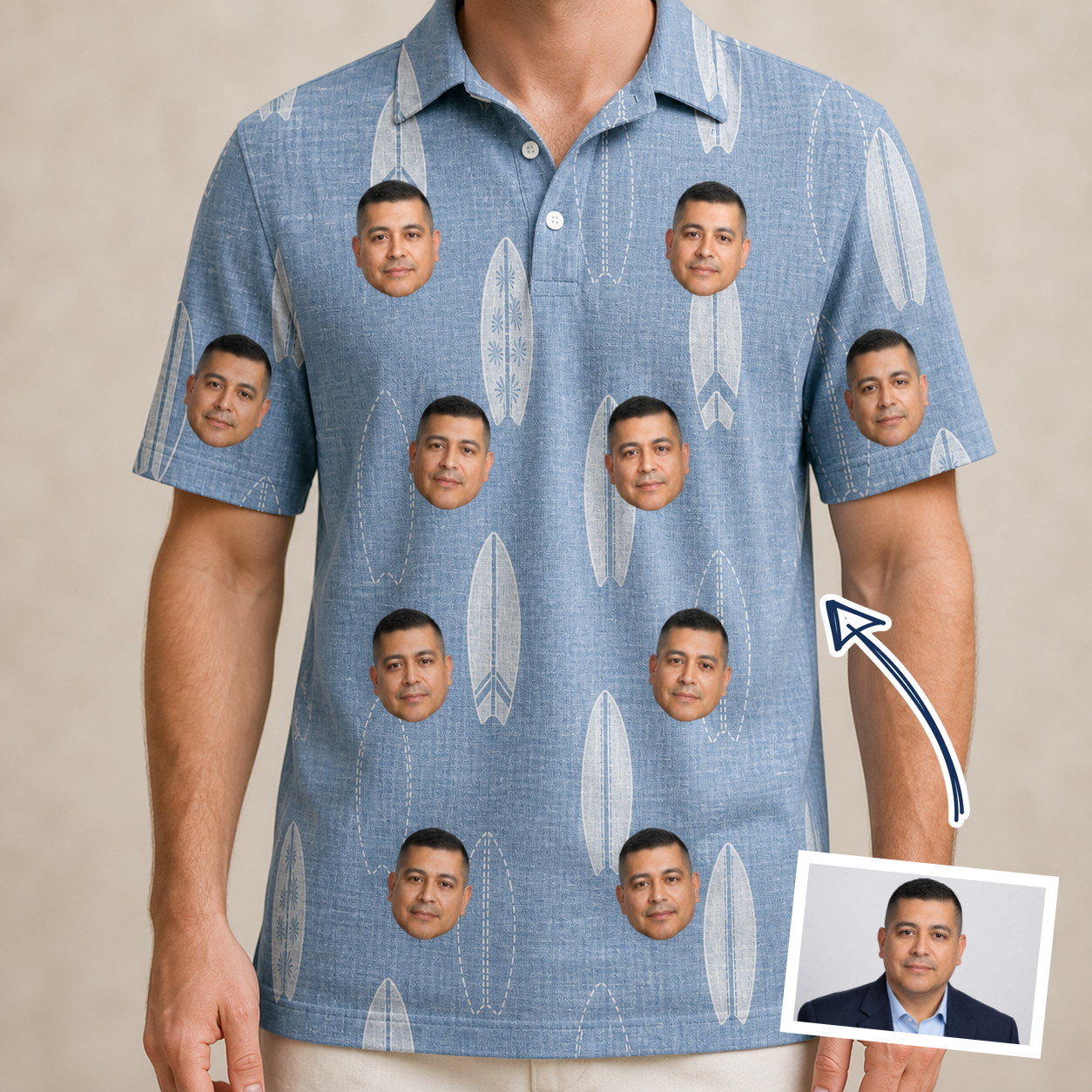 Man wearing Men's Retro Riptide Custom Face Polo Shirt — custom faces printed all-over