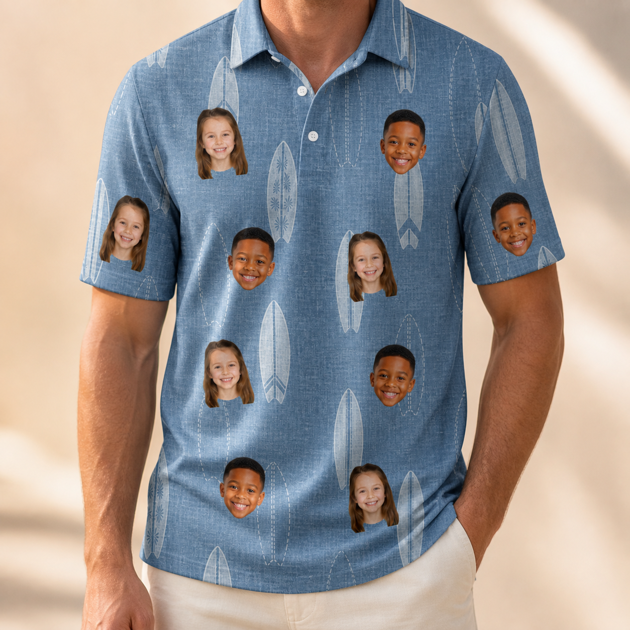 Model wearing Men's Retro Riptide Custom Face Polo Shirt printed with kids' faces