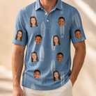 Model wearing Men's Retro Riptide Custom Face Polo Shirt printed with kids' faces