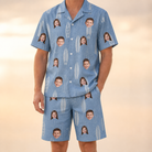 Model wearing Men's Retro Riptide Custom Face Shirt & Shorts Set printed with kids' faces