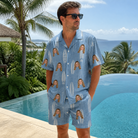 Real-life photo of someone wearing Men's Retro Riptide Custom Face Shirt & Shorts Set — custom faces printed all-over