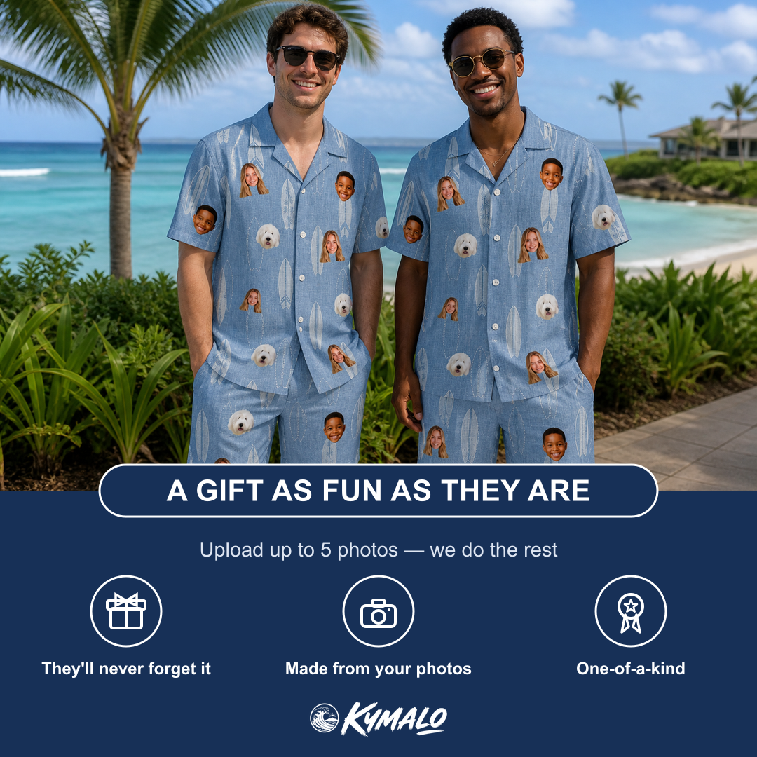 Friends in matching Men's Retro Riptide Custom Face Shirt & Shorts Set — a group gift photo