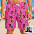 Man wearing Men's Vintage Volcano Custom Face Beach Shorts — custom faces printed all-over