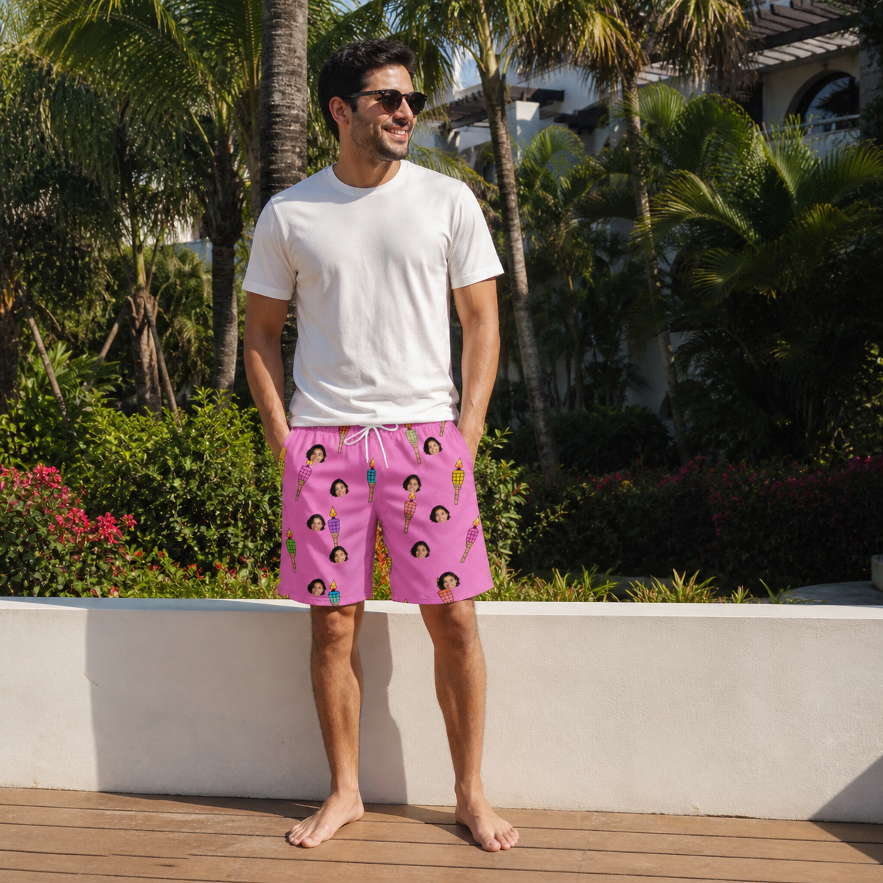 Real-life photo of someone wearing Men's Vintage Volcano Custom Face Beach Shorts — custom faces printed all-over