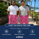 Friends in matching Men's Vintage Volcano Custom Face Beach Shorts — a group gift photo
