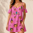 Model wearing Women's Vintage Volcano Custom Face Off-Shoulder Dress printed with kids' faces