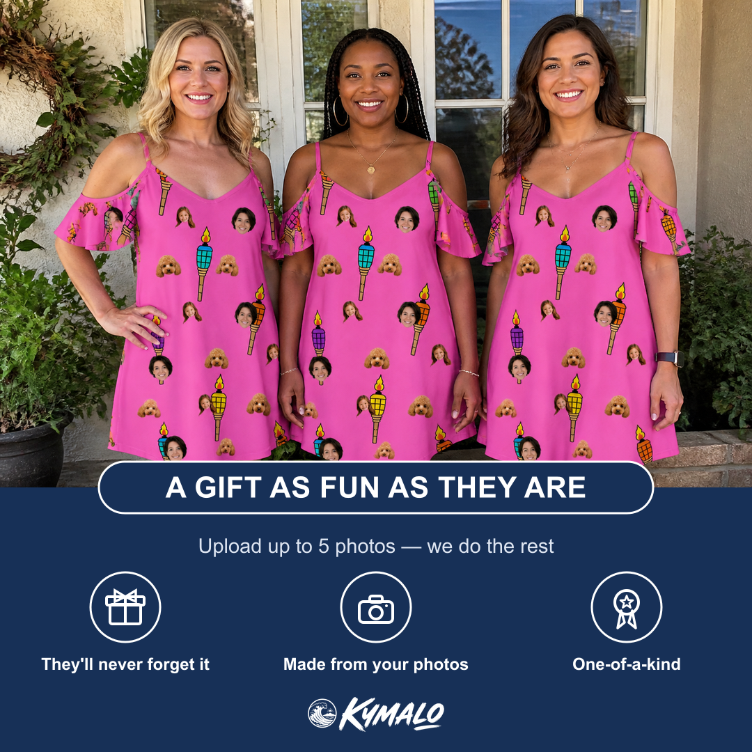 Friends in matching Women's Vintage Volcano Custom Face Off-Shoulder Dress — a group gift photo