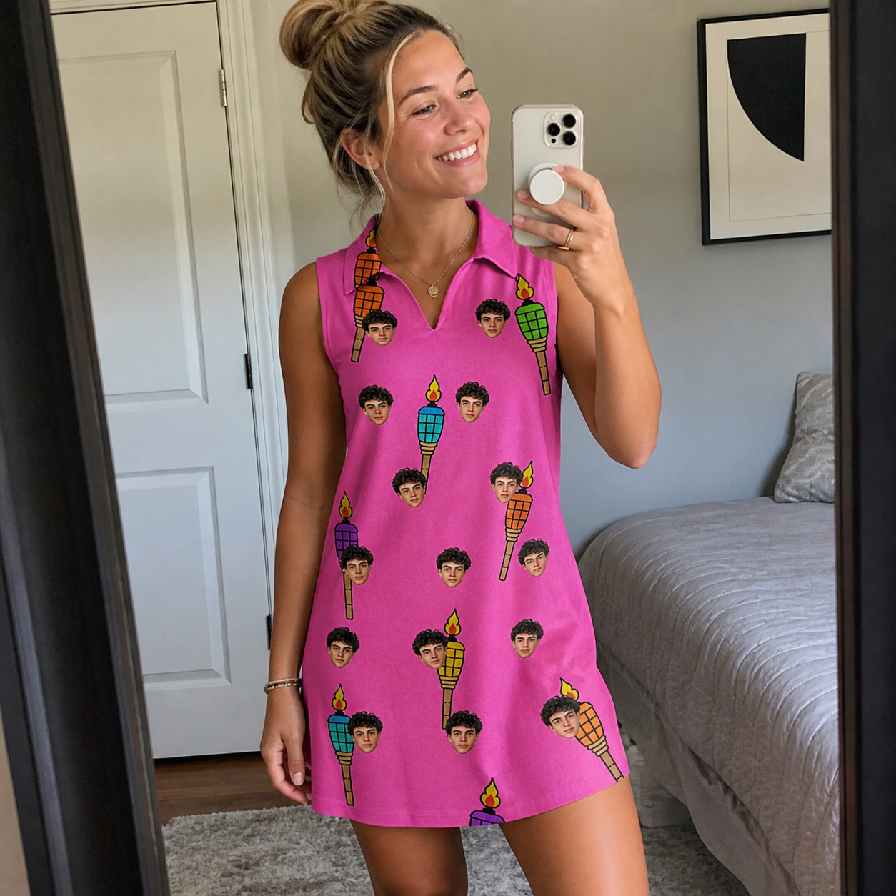 Real-life photo of someone wearing Women's Vintage Volcano Custom Face V-Neck Dress — custom faces printed all-over
