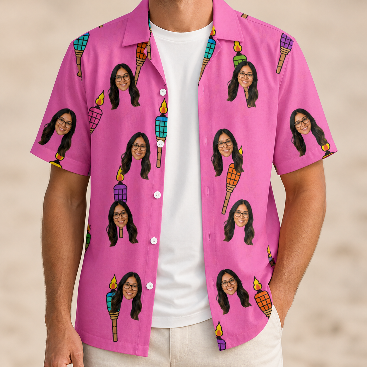 Man wearing Men's Vintage Volcano Custom Face Hawaiian Shirt open over a white tee