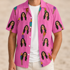 Man wearing Men's Vintage Volcano Custom Face Hawaiian Shirt open over a white tee