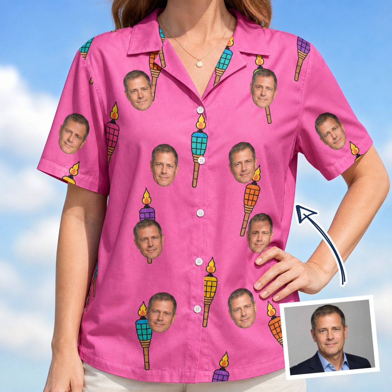 Woman wearing Women's Vintage Volcano Custom Face Hawaiian Shirt — custom faces printed all-over