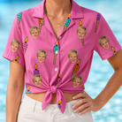 Woman wearing Women's Vintage Volcano Custom Face Hawaiian Shirt tied at the waist
