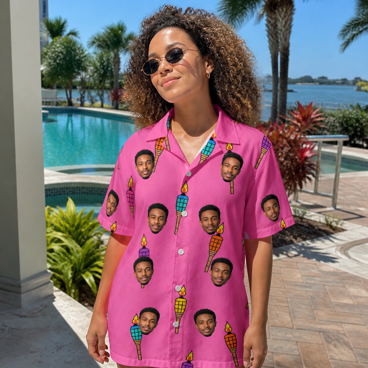 Real-life photo of someone wearing Women's Vintage Volcano Custom Face Hawaiian Shirt — custom faces printed all-over