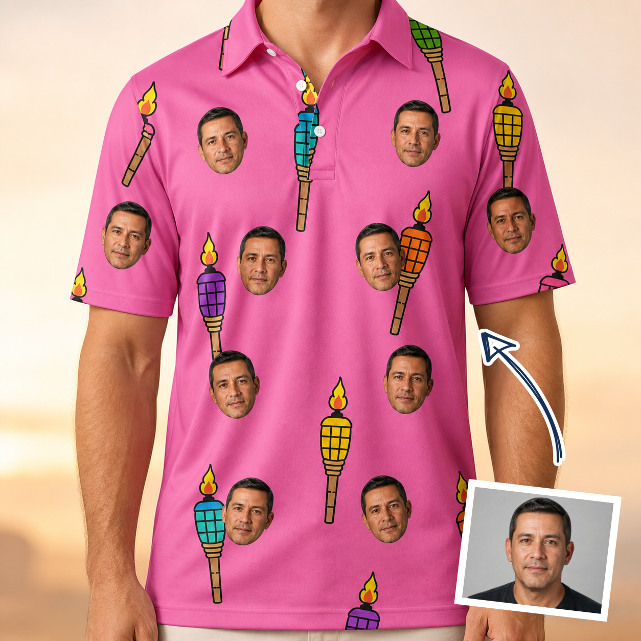 Man wearing Men's Vintage Volcano Custom Face Polo Shirt — custom faces printed all-over