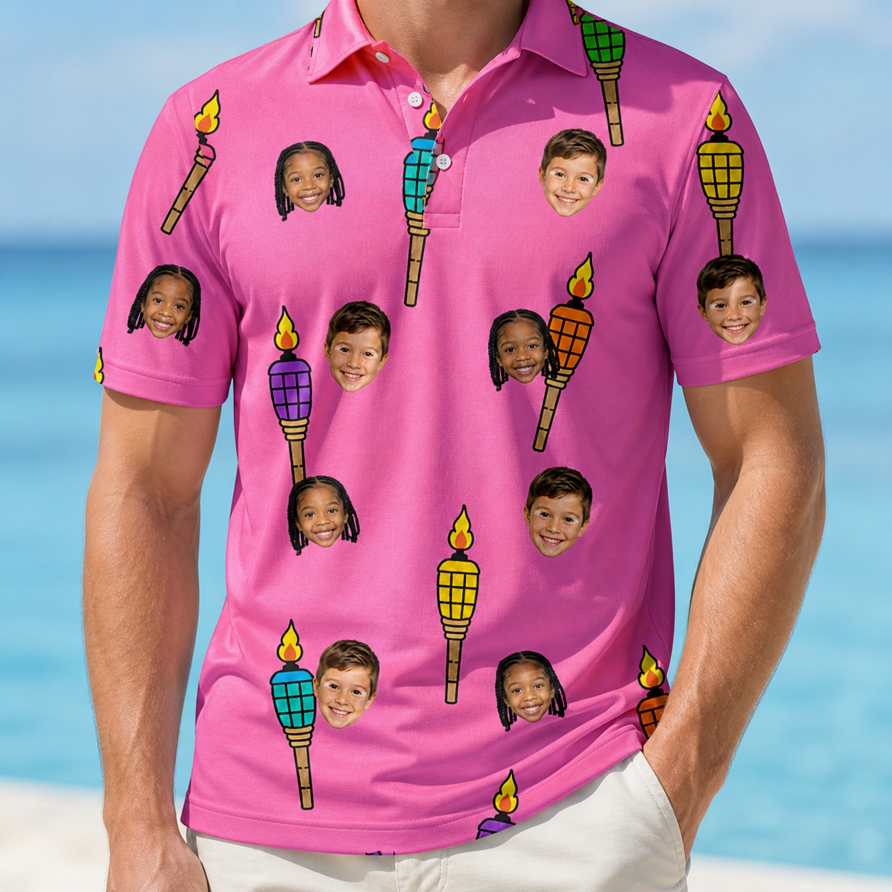 Model wearing Men's Vintage Volcano Custom Face Polo Shirt printed with kids' faces